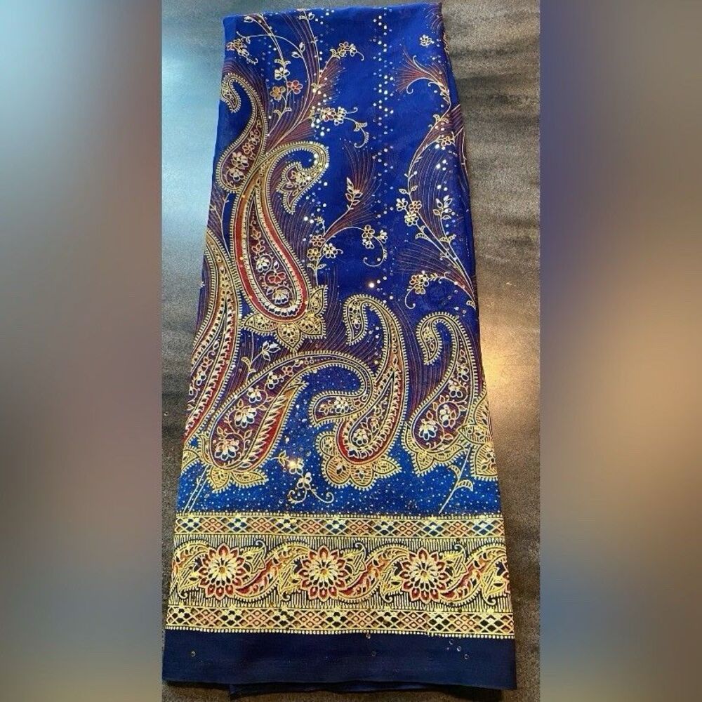 Women’s Scarf Blue Gold Paisley Sequins 40 X 26”
